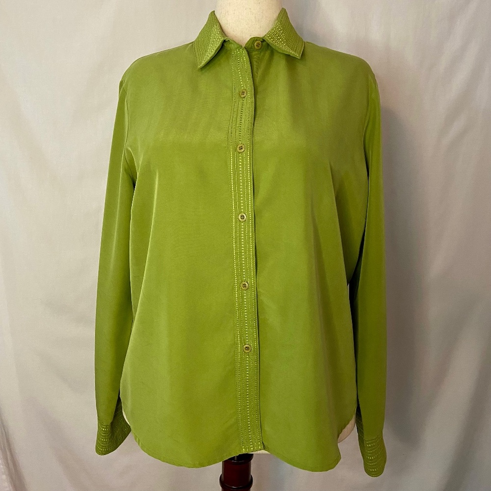 Green Notations Button Down Long Sleeve Blouse W/… - image 1